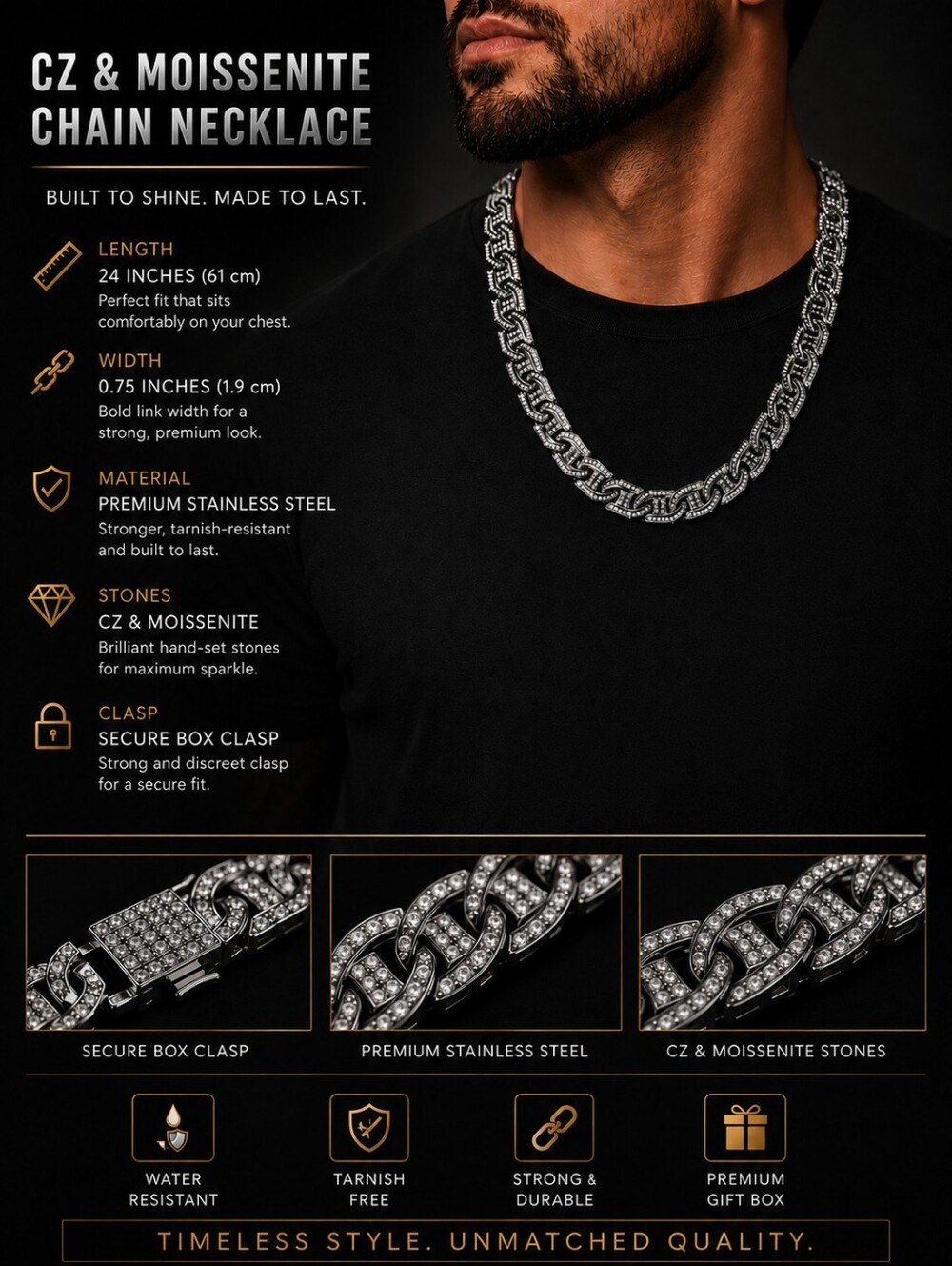 Men's Stainless Steel Gunmetal CZ & Moissanite Statement Chain Necklace